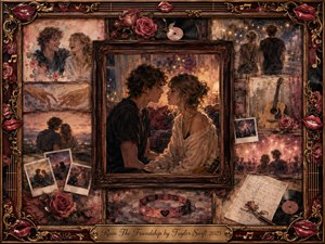 A nostalgic romantic collage frames two close friends poised on the edge of a kiss, surrounded by faded memories, Polaroids, roses, vinyl records, handwritten notes, and a guitar. Warm burgundy, blush, amber, and sepia tones glow under soft cinematic light, blending oil, acrylic, and watercolor textures with ornate musical detailing.