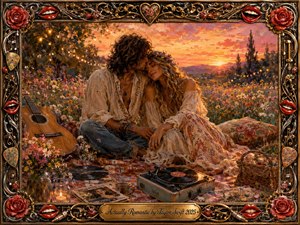 A bohemian couple rests tenderly in a wildflower meadow at sunset, surrounded by guitars, vinyl records, roses, and glowing string lights. Warm gold, coral, and amber tones create a dreamy romantic mood, rendered in richly textured painterly detail. An ornate metallic music-themed frame and engraved title plate complete the nostalgic composition.