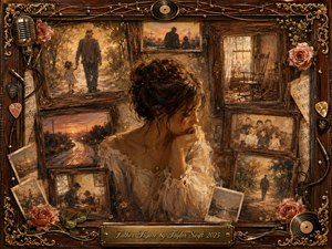 A contemplative woman sits amid layered rosewood-framed memories of family, childhood, empty rooms, and solitary paths. Warm amber, sepia, cream, and muted rose tones glow through soft painterly light. Oil-like textures blend nostalgia with melancholy, while roses, records, sheet music, cables, and ornate gold details form an intimate musical frame.