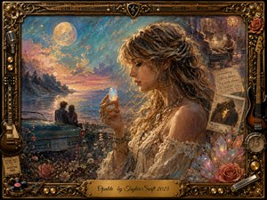 A serene woman holds a glowing opalite beside a moonlit coast, surrounded by roses, crystals, faded photographs, handwritten memories, and musical relics. Warm gold, turquoise, rose, and violet tones shimmer through soft painterly light. An ornate instrument-studded frame and engraved title plate deepen the nostalgic, romantic dreamlike atmosphere.