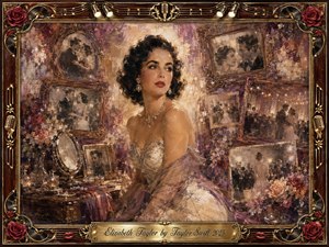 A glamorous woman in vintage Hollywood attire sits amid faded portraits, mirrors, flowers, and elegant keepsakes, surrounded by a richly ornamented rosewood-and-gold frame. Warm amber, burgundy, cream, and violet tones glow beneath soft theatrical lighting, while layered oil-paint textures create a wistful, romantic collage of fame, memory, beauty, and longing.