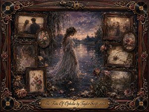 A solitary woman in a flowing pale gown stands beside a moonlit river at twilight, surrounded by faded portraits, roses, letters, and distant memories. Deep violet, bronze, and dusky blue tones create a mournful romantic mood, while soft painterly light, antique textures, rosewood framing, vinyl records, and ornate gold details evoke fragile nostalgia.