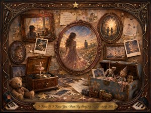 A nostalgic toy-room collage surrounds a luminous young woman facing a distant figure beneath a glowing sunset. Vintage rosewood frames, teddy bears, toy trains, faded photographs, stars, and a music box create tender memories. Warm amber, bronze, and muted blue tones blend through painterly watercolor and oil textures, evoking wistful recognition and enduring connection.