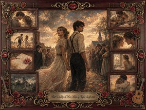 A defiant young couple stands hand in hand before a judgmental village crowd, surrounded by intimate framed memories of tenderness, music, and escape. Warm amber light, muted creams, deep browns, roses, guitars, and ornate gold details create a nostalgic romantic atmosphere, rendered in richly textured painterly strokes within an elaborate vintage rosewood frame.