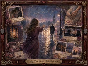 A woman reaches toward a departing figure on a rain-soaked city street, surrounded by fading Polaroid memories, roses, handwritten notes, and a vintage telephone. Deep blues, mauves, burgundy, and warm gold reflections create a wistful mood. Painterly textures, glowing streetlights, ornate rosewood framing, and musical details emphasize longing and remembrance.