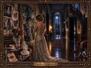 A solitary woman in an elegant gown confronts fractured reflections in a shadowy, moonlit mansion, surrounded by faded portraits, wilted roses, scattered keepsakes, and gleaming black floors. Warm amber lamps contrast with cold blue night light, creating a tense, introspective mood. Ornate bronze framing and distressed textures give the scene a richly handcrafted, cinematic realism.