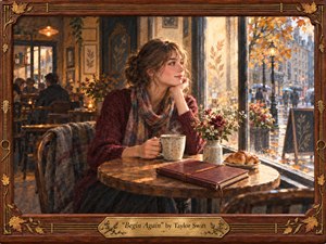 A young woman sits thoughtfully beside a rain-streaked cafe window, holding a steaming mug as golden autumn light warms the intimate scene. Rich burgundy, amber, brown, and muted gray tones create a hopeful, reflective mood. Painterly gouache textures, flowers, a leather journal, pastries, and an ornate wood-and-brass frame add handcrafted detail.