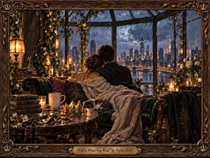 An intimate couple sits wrapped in a thick blanket on a green velvet sofa inside a candlelit glass conservatory, watching a rain-soaked city glow beyond the windows. Warm gold light and cool blue twilight create a tender, secretive mood, while ornate framing, flowers, books, a crown, and a sleeping cat enrich the painterly scene.