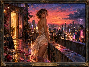A solitary woman stands on a rain-slick rooftop above a glowing city at sunset, caught between romantic heat and approaching storm. Fiery coral skies, neon streets, lightning, roses, and warm terrace lights create lush tension. The richly painted, cinematic scene feels sensual, restless, and bittersweet, framed in ornate weathered metal.