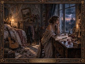 A young woman sits at a cluttered desk in a weathered bedroom, staring through a rain-streaked window toward a storm-lit skyline. Warm lamplight and candle glow meet cold blue twilight, deepening the mood of heartbreak and reflection. The richly textured oil-painting style features scattered letters, wilted roses, a guitar, and an ornate carved frame.