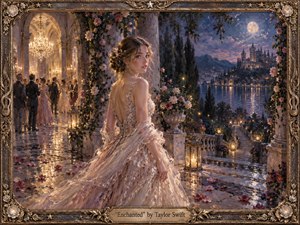 A luminous young woman in a shimmering blush gown stands on a moonlit terrace beside a grand candlelit ballroom. Romantic gardens, roses, lanterns, distant towers, and reflective water create a dreamlike atmosphere. Warm gold contrasts with deep blue twilight in a richly textured, painterly style framed by ornate bronze floral details.