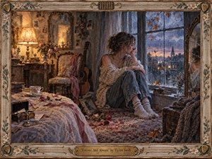 A heartbroken young woman sits beside a rain-streaked window in a nostalgic bedroom, surrounded by wilted roses, scattered letters, keepsakes, and an overturned photograph. Warm amber lamplight contrasts with cool blue-gray storm light, creating a bittersweet mood. Textured watercolor and colored-pencil details, autumn leaves, mirrors, and a carved musical frame deepen the sense of broken promises.