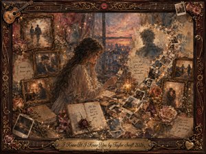 A wistful young woman sits beside a twilight window, surrounded by framed memories, faded photographs, handwritten notes, roses, and glowing fairy lights. Warm sepia, dusty rose, gold, and muted blue tones create intimate nostalgia. Layered oil, acrylic, and watercolor textures flow through an ornate rosewood-and-gold musical frame.