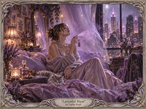 A glamorous woman rests in a lavish lavender-toned bedroom, releasing perfume into a glowing violet haze as rain-softened city lights shimmer beyond the window. Warm lamps and candles contrast with cool lilac shadows, while satin bedding, flowers, glass bottles, flowing curtains, and a sleeping cat enrich the dreamy, handcrafted painterly scene.