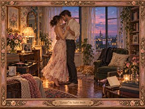 A young couple dances barefoot in a warmly furnished apartment at twilight, surrounded by flowers, books, candles, plants, and a sleeping dog. Rosy sunset light blends with amber lamplight, creating an intimate, nostalgic mood. Painterly textures, rich wood tones, soft fabrics, and an ornate floral frame enhance the romantic atmosphere.