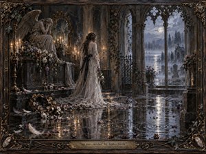 A solitary woman in a flowing ivory gown stands within a ruined Gothic chapel beside a grieving stone angel, surrounded by wilted flowers, candles, and fallen feathers. Moonlight filters through arched windows onto rain-slick floors, reflecting silver-blue shadows and warm gold flames. The richly textured, romantic painting feels mournful, haunted, and quietly ceremonial.