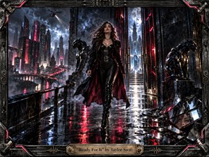 A confident woman in black leather strides through a rain-slicked futuristic city framed by metallic architecture and panther sculptures. Crimson neon, icy blue moonlight, lightning, and glossy reflections create a tense, cinematic atmosphere. Shattered mirrors, storm clouds, towering skyscrapers, and intricate industrial framing give the artwork a dramatic, handcrafted cyber-noir intensity.