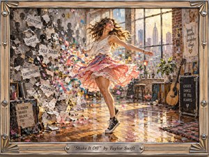 A joyful woman spins through a sunlit urban studio, her flowing coral skirt scattering colorful fragments against a textured wall. Warm golden light pours through tall windows, illuminating polished floors, plants, records, and a guitar. Mixed-media paint and collage textures create an energetic, liberated mood within a handcrafted wooden frame.