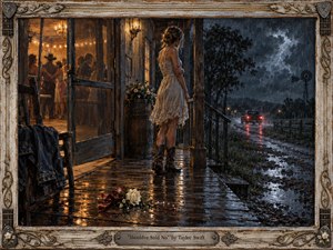 A heartbroken young woman stands on a rain-slick country porch, watching red taillights fade down a muddy road while warm dancers glow inside behind her. The scene balances stormy blues and amber light in a richly textured, cinematic rustic painting, framed with weathered wood, guitar details, and a fallen white rose.