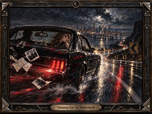 A black vintage muscle car tears along a rain-slick coastal highway at night, its red taillights blazing across reflective pavement as a windswept woman looks back toward the viewer. Storm clouds, a glowing city skyline, and flying photographs heighten the tense, cinematic mood, while rich painterly textures and an ornate decorative frame complete the dramatic scene.