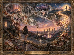 A solitary young woman stands on a twilight hillside road, facing a glowing city while translucent memory bubbles drift along a luminous S-curve through the sky. Warm gold, rose, and indigo light create a wistful, resilient mood. Rendered in richly textured painterly mixed media, the scene is framed by ornate carved wood and a brass title plate.