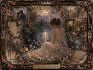 A wistful young woman in a flowing ivory gown sits beside a moonlit river scattered with roses, surrounded by fading framed memories, handwritten pages, and musical details. Warm sepia, muted gold, blush, and deep blue tones create a romantic melancholy, rendered in richly textured painterly strokes within an ornate rosewood-and-gold frame.