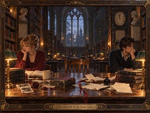 Two young adults sit far apart in a grand twilight library, their averted gazes emphasizing emotional distance. Warm amber lamps contrast with cool blue window light across polished wood, scattered books, papers, a rose, and an ink bottle. Rich oil-and-gouache textures, carved architecture, and an ornate brass-accented frame create a melancholic, cinematic atmosphere.