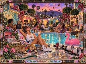 A vibrant twilight poolside gathering radiates relaxed confidence, with a reclining woman, sleeping dog, laughing friends, flamingo float, scattered megaphones, flowers, and glowing water. Saturated pink, turquoise, gold, and lavender tones shimmer under string lights and sunset skies. Rich mixed-media textures and an ornate musical frame create a handcrafted, celebratory finish.