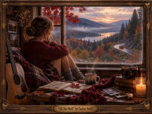 A woman in a burgundy sweater sits by a cabin window, overlooking an autumn lake and winding mountain road at sunset. Golden light warms the wistful scene. A guitar, photographs, journal, and candle surround her, rendered in richly textured realism within an ornate wooden frame featuring a brass title plate.