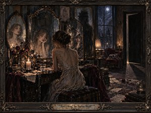 A solitary woman sits before fractured antique mirrors in a shadowy, opulent room, surrounded by wilted roses, scattered papers, candlelight, and rain-streaked windows. Deep burgundy, black, bronze, and moonlit blue create a brooding mood. Painterly textures, layered reflections, and gothic furnishings evoke self-doubt, isolation, and uneasy introspection.