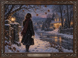 A solitary woman stands on a snow-covered village street at twilight, holding a sealed letter while facing a warmly lit Victorian home. Deep blue winter shadows contrast with amber windows and lantern glow, creating a mood of regret and longing. Painterly textures, drifting snow, bare branches, reflections, and an ornate carved frame enrich the scene.