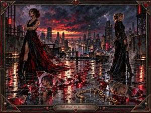 A storm-dark rooftop overlooks a glowing city as two elegant women stand apart in tense opposition, framed by fractured mirrors, rain, and red-lit cracks. Black, crimson, and metallic tones dominate the scene, while lightning and reflections heighten the drama. The richly textured, painterly style evokes betrayal, pride, anger, and emotional rupture.