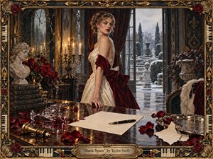 An elegant woman in an ivory gown and crimson velvet stands within a candlelit mansion, framed by gilded ornament and a snowy formal garden beyond. Deep reds, golds, creams, and winter grays create romantic tension. Roses, cracked glass, spilled wine, blank paper, and a fountain pen enrich the richly textured oil-painted scene.