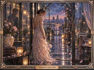 A solitary woman in a flowing blush gown stands beside rain-streaked glass doors overlooking a glowing city at twilight. Warm lanterns, scattered petals, reflective floors, and delicate flowers create an intimate, vulnerable mood. Soft pinks, silvery blues, and amber light blend in a richly detailed, romantic painterly scene framed with elegant musical ornamentation.
