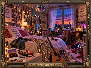 A richly detailed bedroom glows with warm fairy lights, mirrored disco reflections, and cool twilight beyond the windows. Rumpled bedding, glittering clothes, heart-shaped sunglasses, scattered party cups, photographs, and a leaning guitar suggest joyful aftermath and youthful nostalgia. An ornate black-and-gold musical frame gives the cinematic scene a handcrafted, celebratory finish.