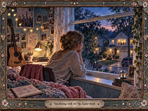 A wistful young woman leans at a bedroom window, gazing across a twilight suburban street toward a brightly lit house. Warm lamplight, star garlands, a guitar, flowers, and soft quilts fill the cozy room, while cool blues and pink dusk glow outside. Painterly brushwork, rich texture, and an ornate floral frame deepen the romantic nostalgia.