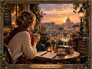 A woman sits at a warmly lit cafe terrace overlooking a glowing riverside city at sunset. Golden light, soft flowers, books, coffee, and an open journal create a reflective, hopeful mood. Rich textures, rustic framing, ivy, musical details, and warm earth tones give the scene a handcrafted, cinematic romanticism.