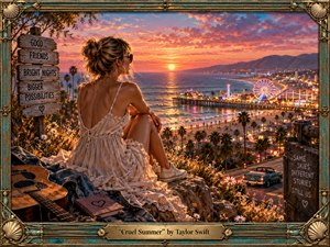 A young woman sits on a flowered seaside cliff at sunset, overlooking a glowing pier, Ferris wheel, beach, and distant mountains. Warm coral, gold, turquoise, and violet light create a nostalgic, bittersweet mood. Detailed painterly textures, a vintage convertible, guitar, journal, rustic signs, and ornate nautical frame enrich the cinematic composition.