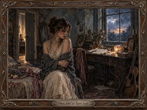 A solitary young woman sits in a worn, intimate room beside scattered letters, faded flowers, and an abandoned guitar. Rain darkens the window while a warm lamp glows against cool blue-gray shadows. Rich oil-paint textures, muted browns, lace, weathered wood, and an ornate musical frame create a melancholy, reflective atmosphere.