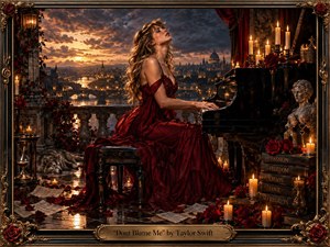 A woman in a flowing crimson gown plays a glossy black grand piano on a candlelit terrace overlooking a glowing old-world city at sunset. Rich reds, golds, and deep shadows create a passionate, dramatic mood, while roses, scattered music sheets, a resting wolf, and ornate gilded framing add romantic, cinematic detail.