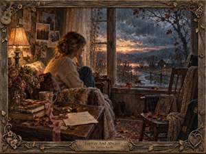 A young woman sits quietly beside a rain-streaked window in a warmly lit rustic room, gazing toward a stormy autumn landscape at dusk. Amber lamplight contrasts with cool blue-gray rain outside, while photographs, letters, dried flowers, fallen leaves, and a guitar deepen the melancholy, nostalgic mood in richly textured painterly detail.