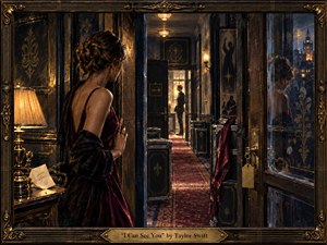 A woman in a deep crimson dress watches a distant man through a richly decorated, shadowed corridor. Warm golden lamps contrast with cool blue night beyond the windows, creating a secretive, cinematic mood. Ornate woodwork, reflective glass, patterned carpet, and a detailed antique frame heighten the sense of intrigue and restrained desire.