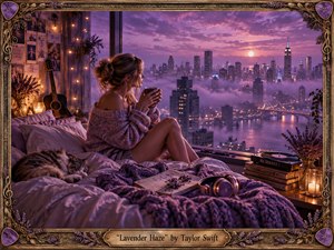 A young woman sits curled on a rumpled bed beside a panoramic city window, surrounded by lavender blankets, candles, flowers, records, books, a guitar, headphones, and a sleeping cat. Purple twilight and warm amber lights create a dreamy, intimate mood, framed by ornate bronze detailing and floral accents.