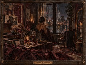 A solitary woman in a deep maroon dress sits beside a rain-streaked city window, surrounded by roses, records, photographs, wine, and candlelight. Rich burgundy, bronze, and charcoal tones create a wistful, intimate mood. Painterly textures, reflective glass, scattered memories, and distant lights suggest romance, loss, and lingering emotional aftermath.