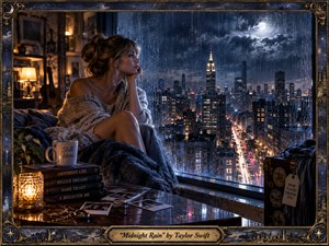 A solitary woman sits beside a rain-streaked high-rise window, gazing over a glowing midnight city. Warm amber lamplight contrasts with deep blue storm clouds, moonlight, and reflected streetlights. Photographs, books, a mug, suitcase, and textured blankets enrich the intimate, cinematic scene, framed by ornate celestial metalwork.