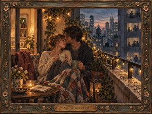 A young couple sits closely on a flower-filled city balcony at dusk, wrapped in a patchwork quilt and warm lamplight. Golden string lights contrast with cool blue rooftops and glowing windows beyond. Richly textured, painterly brushwork, carved floral framing, guitar details, and a brass title plate create an intimate, handcrafted atmosphere.