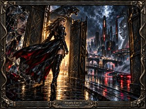 A fierce woman in glossy black strides through a rain-soaked futuristic city, framed by panther motifs, shattered reflections, and towering neon architecture. Red, gold, and steel-blue light cuts through storm clouds, creating a tense, cinematic mood. Ornate metallic borders and dramatic reflections give the scene a handcrafted, gothic-industrial intensity.