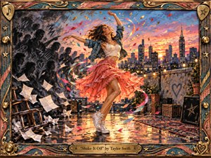 A joyful dancer spins across a rain-slick rooftop at sunset, framed by a glowing city skyline and sweeping ribbons of color. Warm coral, gold, teal, and blue contrast with shadowy figures and scattered papers. Painterly textures, reflected light, festive details, and an ornate musical frame create an exuberant, liberating mood.