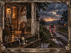 A young woman stands rigidly on a rain-soaked country porch as a departing truck disappears down a muddy road beneath a storm-darkened sunset. Warm lamplight contrasts with cool blue-gray clouds and reflective puddles. Rendered like richly textured oil paint, the scene conveys betrayal, anger, finality, and wounded resolve through weather, distance, and abandoned flowers.