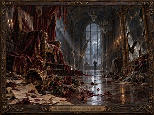 A solitary figure stands in a ruined grand hall beneath storm-dark windows, surrounded by shattered mirrors, fallen roses, scattered letters, and a toppled crown. Deep burgundy, black, bronze, and silver tones create a mournful, accusatory mood. Candlelight and cold lightning illuminate the ornate, painterly scene with dramatic texture and decay.